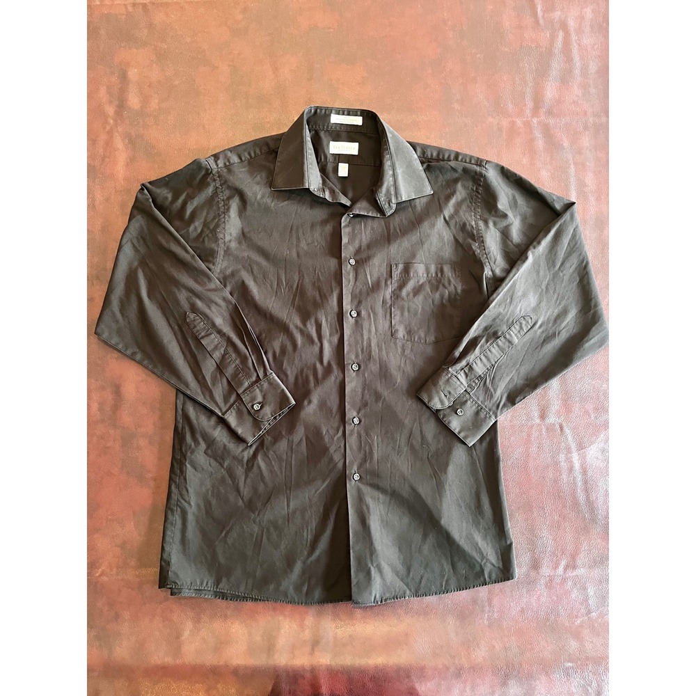 Van Heusen Mens Black Poplin Button Down Shirt Wrinkle Free 16.5 32/33 Large